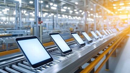 Leinwandbilder - High tech conveyor belt transporting freshly manufactured smartphone screens in a highly efficient and automated factory production line