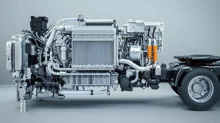 Poster - Highly detailed cutaway or exploded view of a truck engine s cooling system showcasing the radiator coolant hoses