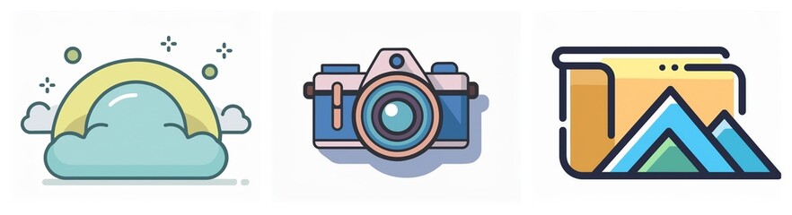 Aufkleber - Three icons depict a rainbow cloud, a camera, and a folder with mountains, representing weather, photography, and image storage concepts.