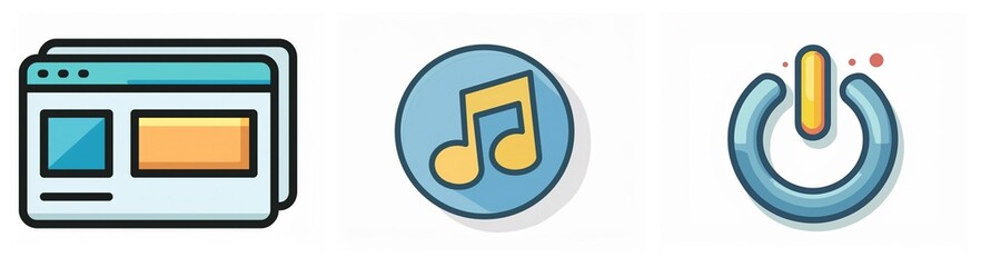 Leinwandbilder - Three stylized icons are displayed: a browser window, a musical note inside a circle, and a power button symbol, representing digital interface elements.