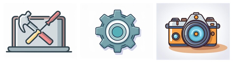 Aufkleber - Three icons depict laptop repair tools, a settings gear, and a camera, suggesting technical service, configuration options, and visual recording.