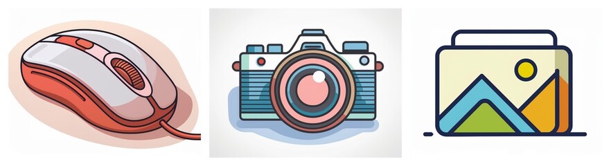 Aufkleber - Three icons in vector style depict a computer mouse, a camera, and a picture.  These represent digital media and interaction tools.