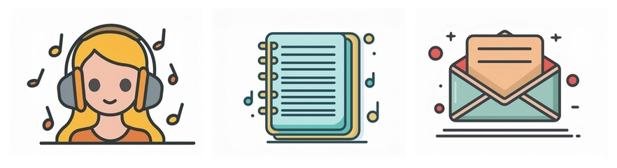 Poster - Three icons depict a person with headphones enjoying music, a spiral notebook for writing, and an opened envelope for email messages.