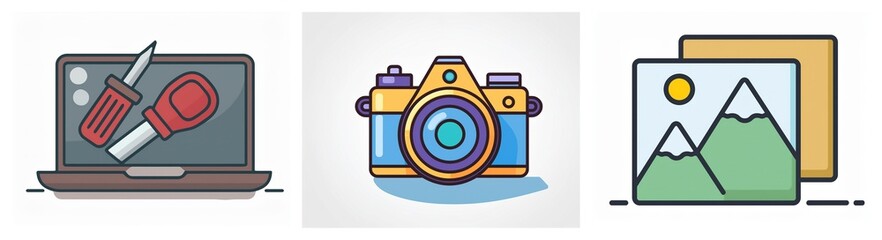Aufkleber - Icons depicting tech repair with tools on a laptop, a camera for photos, and landscape image files.
