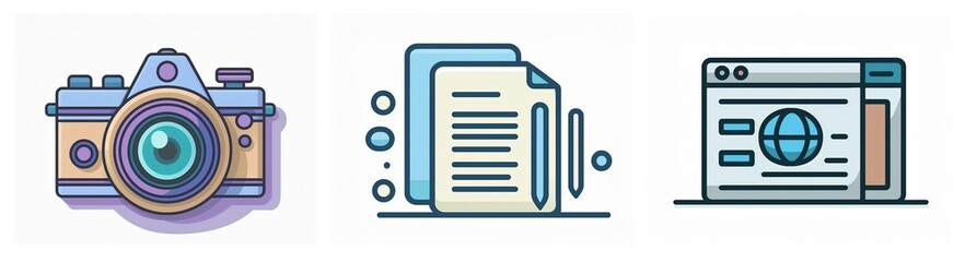 Fototapete - image with icons of a camera for photography, files for documents, and a browser with a globe for in
