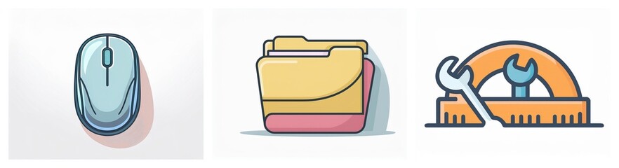 Aufkleber - Three icons depict computer mouse, folder, and wrench with ruler, representing digital input, file management, and repair tools.