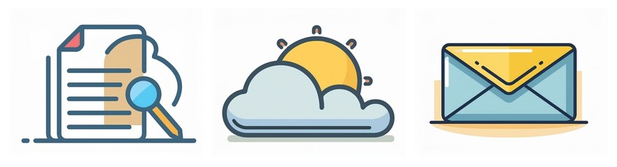 Poster - Three simple vector icons: document with magnifying glass for search, sun behind a cloud for weather, and a closed envelope for email.