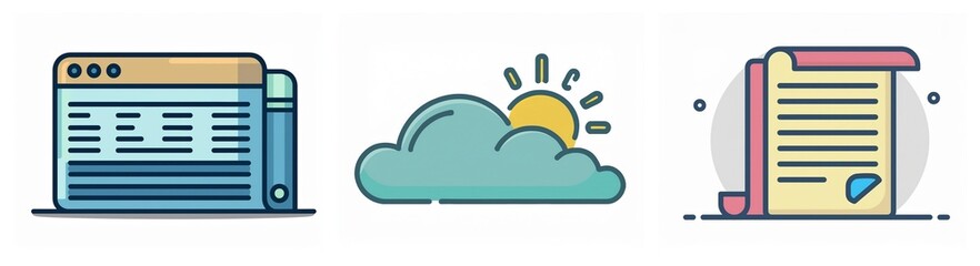 Aufkleber - Three icons depict a website interface, a sunny cloud, and a document with a seal, representing digital, weather, and paperwork concepts.