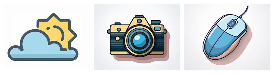 Aufkleber - Three icons depict weather with sun and cloud, a vintage camera, and a blue computer mouse, all in a simple vector style.