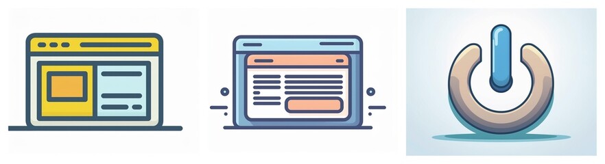 Aufkleber - Three icons depict internet browsing and power control. Two are browser windows with distinct layouts, and the third is a power symbol.