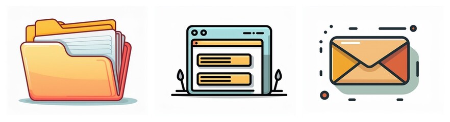 Poster - A digital illustration of a file folder, a browser window, and an envelope, representing organization, internet browsing, and communication.