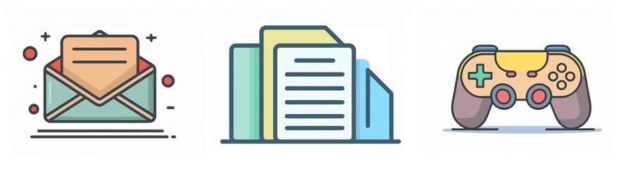 Poster - Three icons depict communication, files, and leisure activities. An envelope with a letter inside, a stack of documents, and a gaming controller are illustrated.