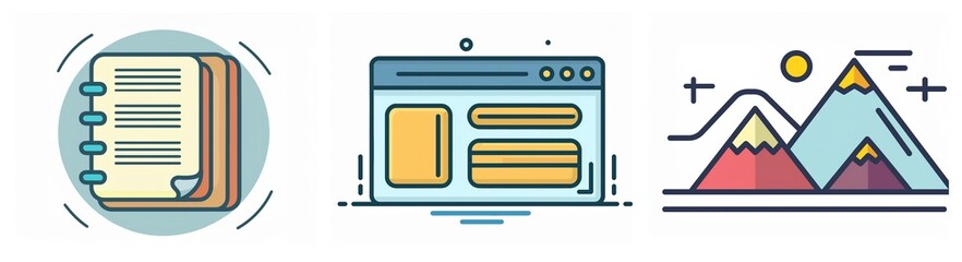 Aufkleber - Three flat design icons showing a spiral notebook, a browser window with content blocks, and mountains with a shining sun.