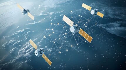 Fototapete - Interconnected Low Polygon 3D Rendering of Satellites Forming a Global Communication Network Orbiting the Earth in Space
