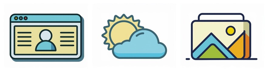Aufkleber - Three distinct icons are displayed: a browser window with a user icon, a sun and cloud representing weather, and a landscape picture icon for images.