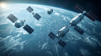 Poster - Interconnected network of low poly 3D rendered satellites forming a global communication web in orbit around the planet  Concept of future space technology data transmission
