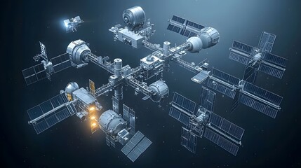 Poster - A highly detailed 3D rendering of a futuristic space station managing and overseeing the of multiple communication satellites in low Earth orbit