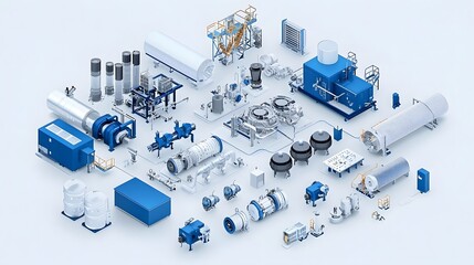 Aufkleber - isometric depicting a complex and highly integrated industrial cooling process system featuring a variety of machinery equipment