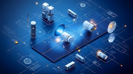 Fototapete - Isometric depicting a complex global satellite communication system showcasing the intricate infrastructure and technology powering worldwide digital connectivity and data transmission