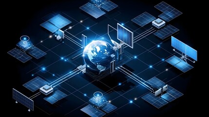 Poster - Isometric depicting a futuristic global satellite communication system with an interconnected digital network architecture