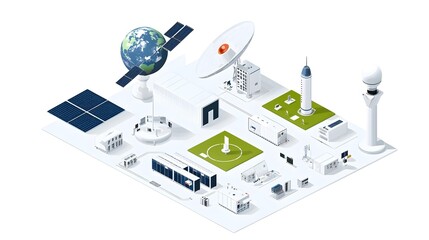Fototapete - Isometric depicting a sophisticated global satellite communication network system showcasing the interconnected infrastructure of antennas receivers transmitters
