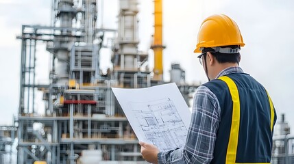 Poster - Mechanical Engineer Analyzing Detailed Blueprints While Standing in Front of a Large Industrial Factory Facility with Various Manufacturing Machinery and Equipment