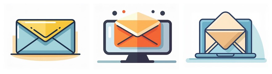 Poster - Three icons depict digital communication: a closed envelope, email on a computer screen with notifications, and an opened email on a laptop.
