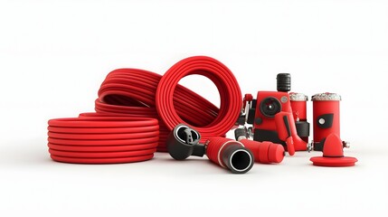 Poster - Minimalist 3D Render of a Red Fire Hose and Nozzle Equipment on a Clean White Background  Fire Safety and Emergency Response Concept