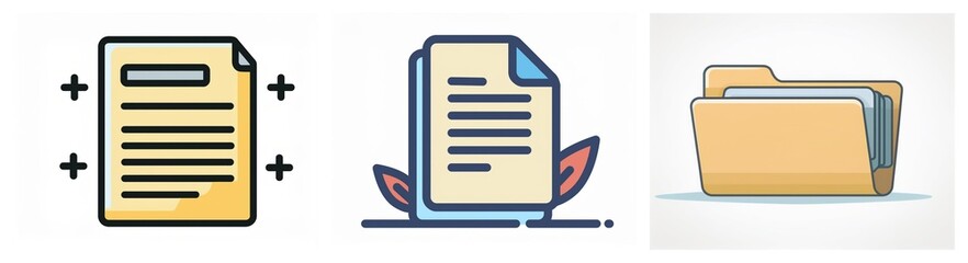 Poster - Icons of document and folder, representing file management. First document has plus signs, second has leaves, and the third is a folder icon.