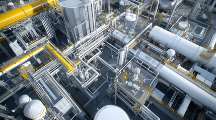 Poster - Overhead aerial view of the complex pipe network and infrastructure within an industrial chemical processing plant or refinery  The image showcases the intricate system of pipes tubes valves
