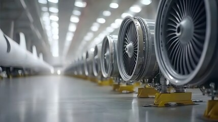 Poster - photo depicting a row of aircraft engine radiator cooling systems arranged in an orderly linear pattern in an industrial factory or warehouse setting