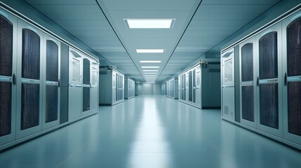 Poster - photo of a cooling system used in modern data centers to prevent overheating of servers and other critical computer equipment  The image showcases a minimalist clean