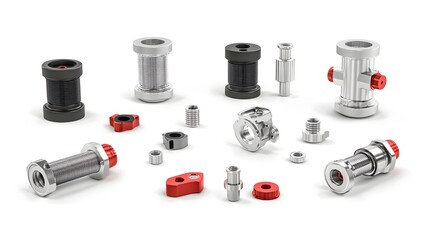Poster - Photo of Collection of Different Fire Hose Couplings and Connectors on White Background  Various Plumbing and Firefighting Equipment for Water Supply and Emergency Services