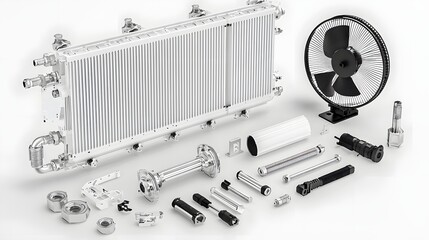 Aufkleber - photograph showcasing the intricate components of an automotive radiator system including the coolant pipes fan assembly