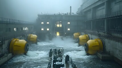 Aufkleber - photograph showcasing the intricate industrial water cooling system within a power plant facility  The image depicts the complex infrastructure machinery
