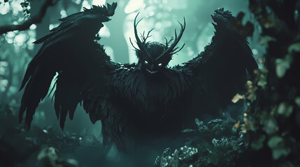 Poster - Malevolent dark fairy in twisted forest - 3d render of sinister fairy with creepy smile and dark wings in haunted woods. Cursed Enchanted Forest. Illustration