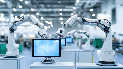 Aufkleber - Robotic arms precisely handling and manipulating delicate TV display panels in an automated industrial manufacturing production line