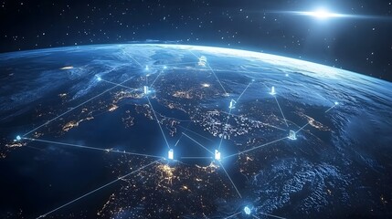 Fototapete - Satellite beams shimmering in the night sky connecting a network of luminous intelligent smart cities across the globe  This visionary