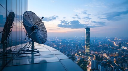Poster - Satellite dish installed on the rooftop of a skyscraper transmitting and receiving various communication signals in a vibrant cityscape at sunset