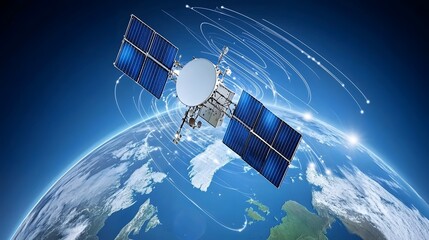 Fototapete - Satellite network transmitting digital signals and data across continents with vibrant luminous light trails representing global connectivity and technology innovation