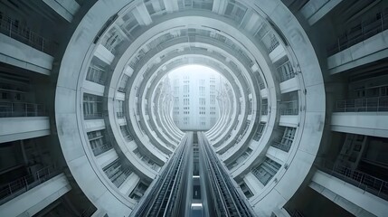 Poster - Symmetrical view inside a deep cylindrical metro tunnel showcasing a futuristic architectural design with minimalist concrete structures geometric patterns and a captivating perspective