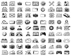 Fototapete - Collection of outlined icons in black and white. Graphics include technology, communication, settings, nature, and tools. Represents diverse concepts in a simple style.