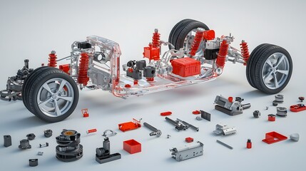 Poster - Transparent 3D model of a car chassis highlighting the intricate drivetrain components showcasing the engineering and mechanical design of an automobile