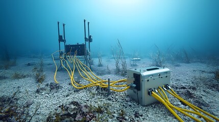 Aufkleber - Underwater Cables Linking Satellite Uplink Station in the Ocean Depths A Photo of the Complex Infrastructure Enabling Global Communication and Data Transmission from the Seafloor