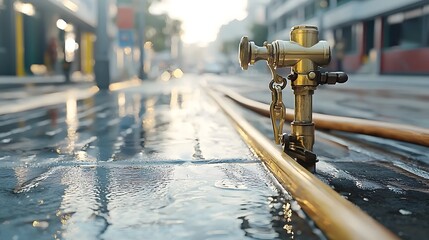 Aufkleber - Vintage brass fire hose nozzle with an intricate lever mechanism lying on a wet urban street pavement  The detailed metallic surface reflects the surrounding environment
