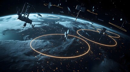 Aufkleber - Visualization of Satellite Orbit Paths Illustrated with Glowing Arcs Over the Earth s Atmosphere in a Futuristic Scientific and Technological Concept