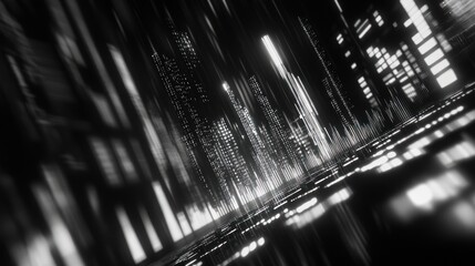 Aufkleber - Abstract grayscale cityscape with tall buildings and reflective surfaces, creating a futuristic, digital feel.