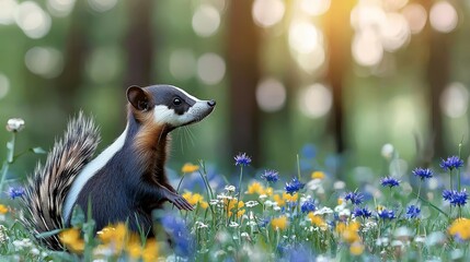 Wall Mural - Skunk concept. A small animal stands in a colorful flower field during sunset.