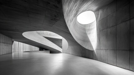 Aufkleber - Abstract grayscale photo of a modern concrete interior with curved walls, a staircase, and an oculus.