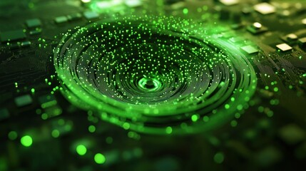Fototapete - Abstract green digital vortex swirling on a circuit board.